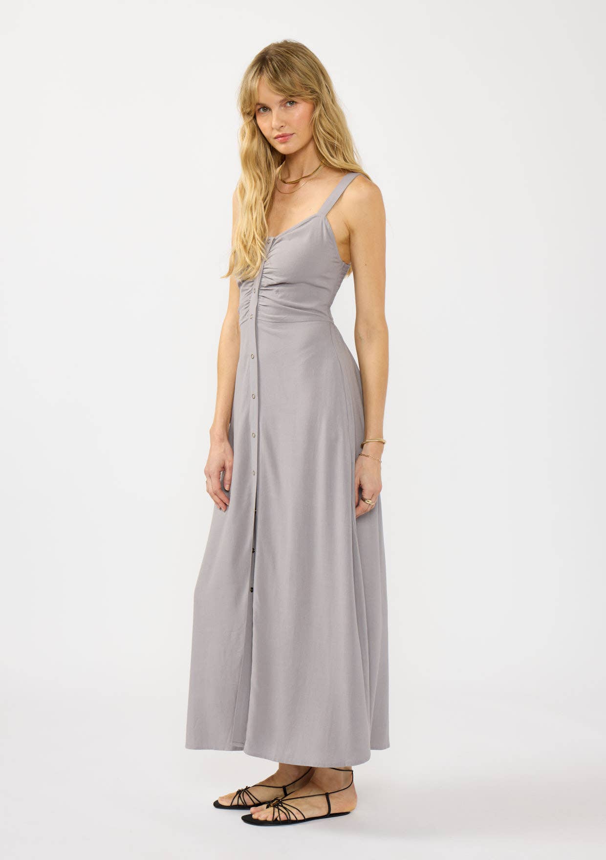 V-Neck Ruched Button Down Maxi Dress: Tomato