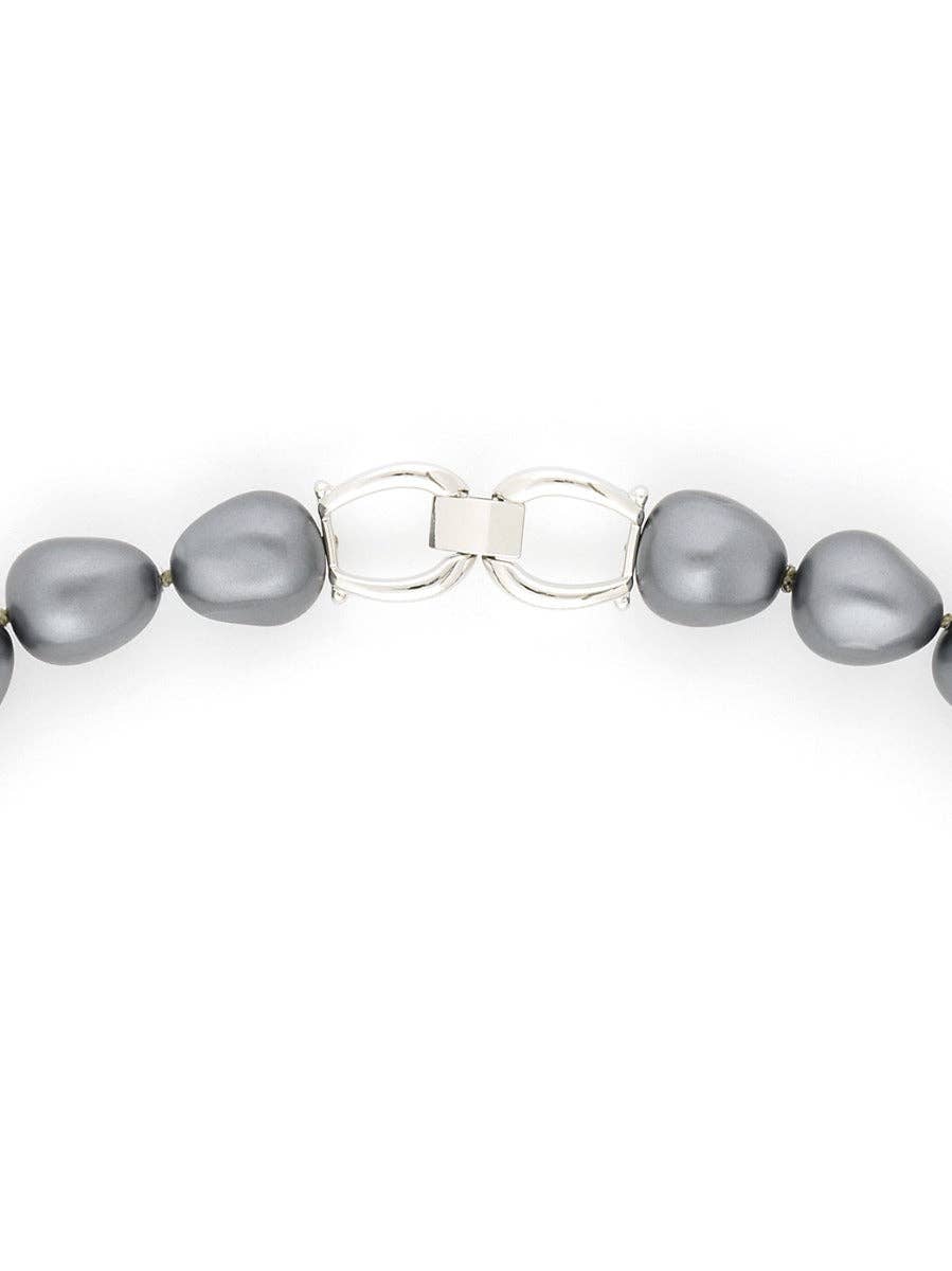 Gray beaded bracelet with a silver clasp on a white background