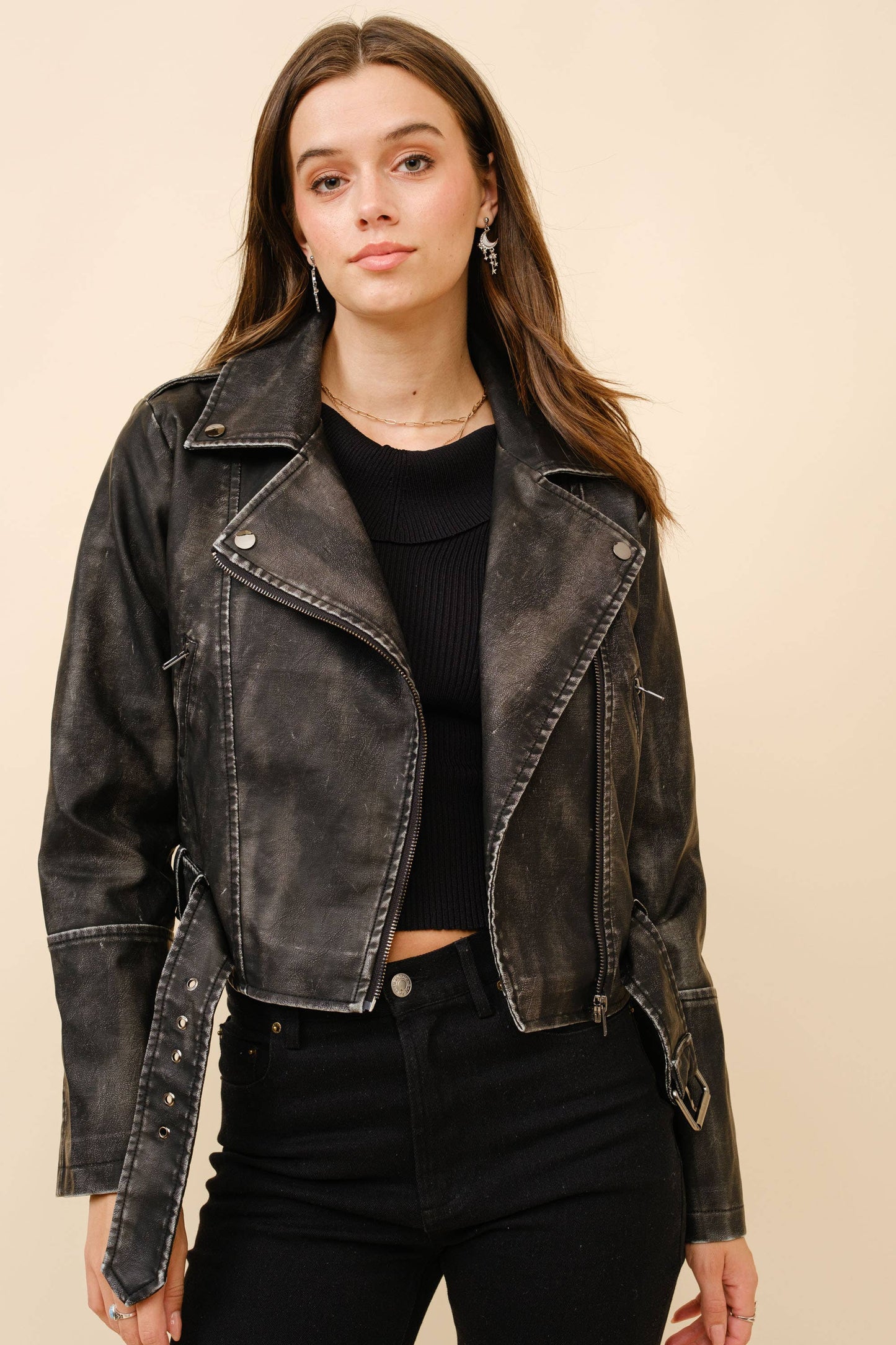 Washed Leather Moto Jacket: WASHED BLACK / S