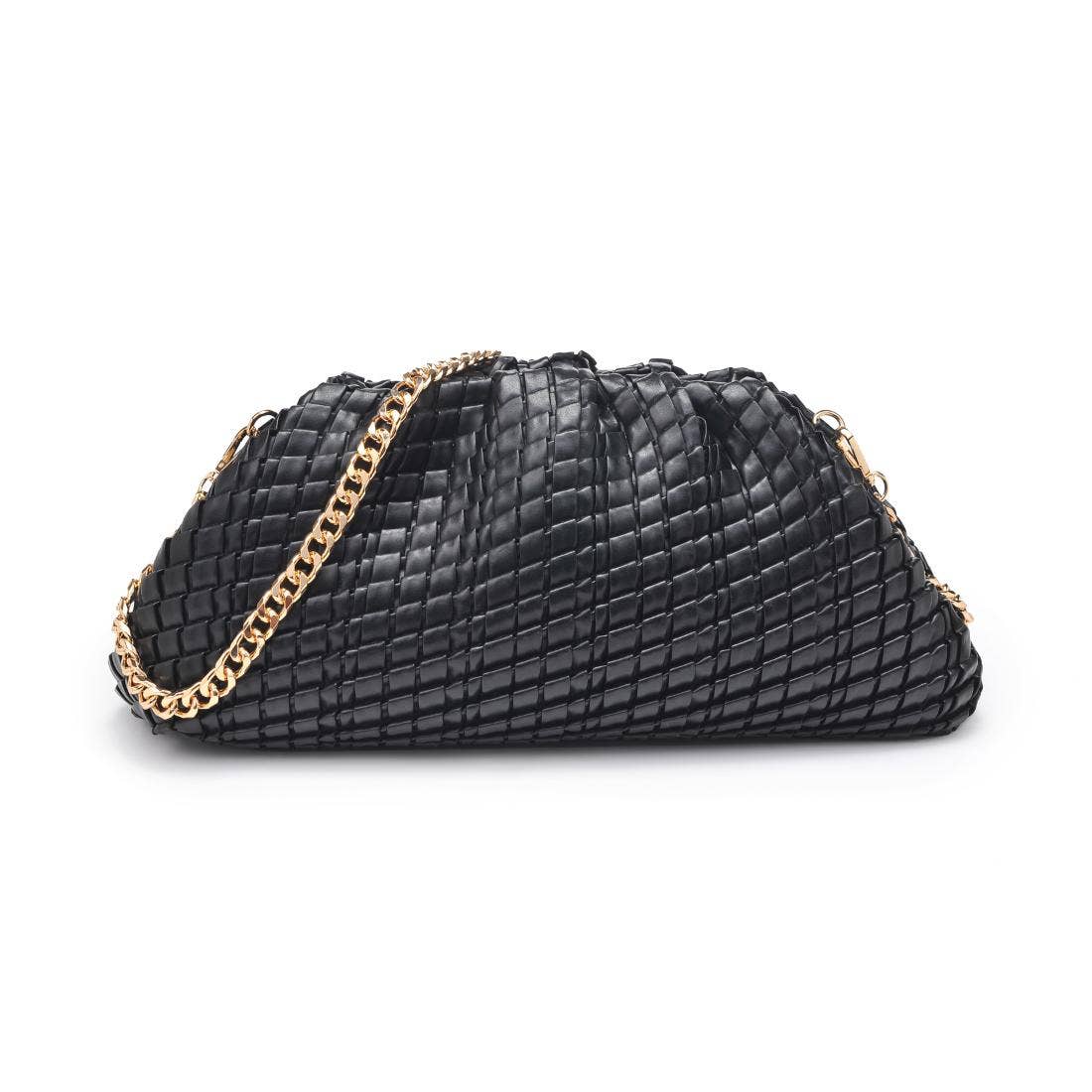 Black textured handbag with a gold chain on a white background