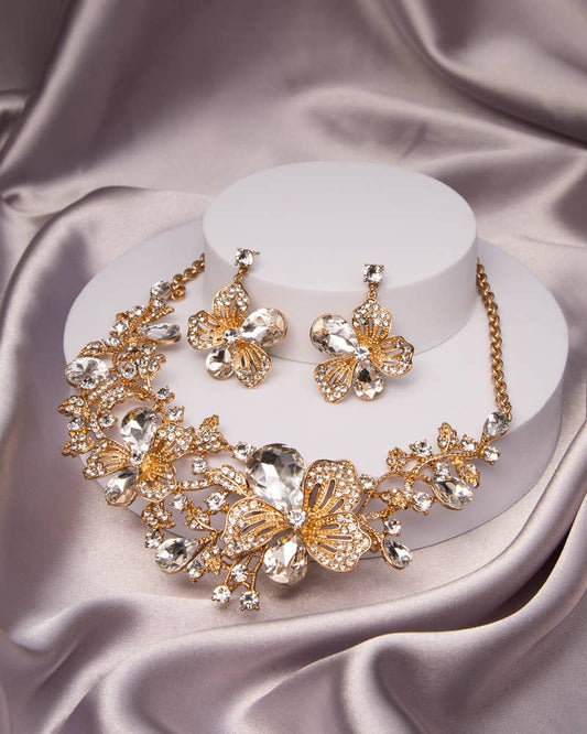 Floral Rhinestone Teardrop Crystal Necklace and Earring Set