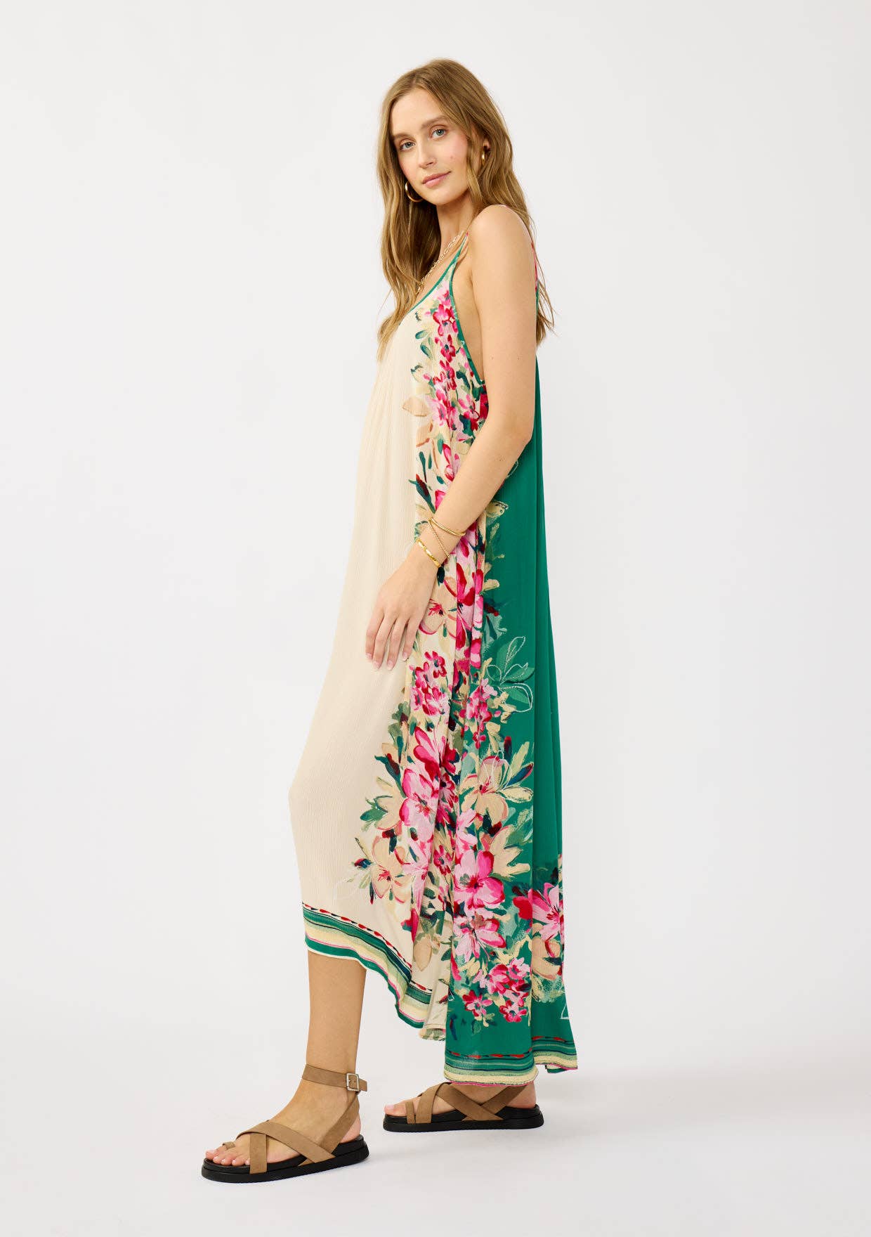 Spaghetti Strap High-Low Cover-Up Maxi Dress: IVORY/GREEN