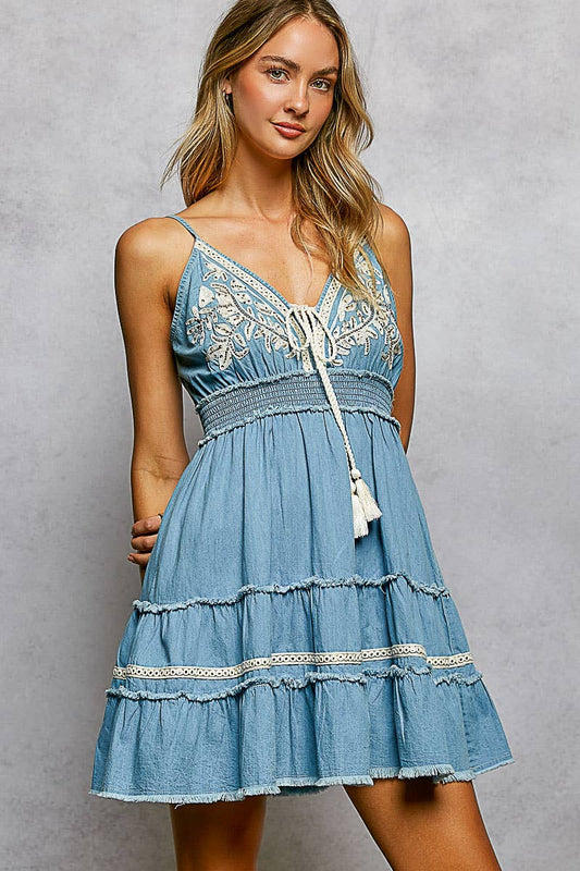 Denim Embroidered Smocked Ruffle Boho Dress