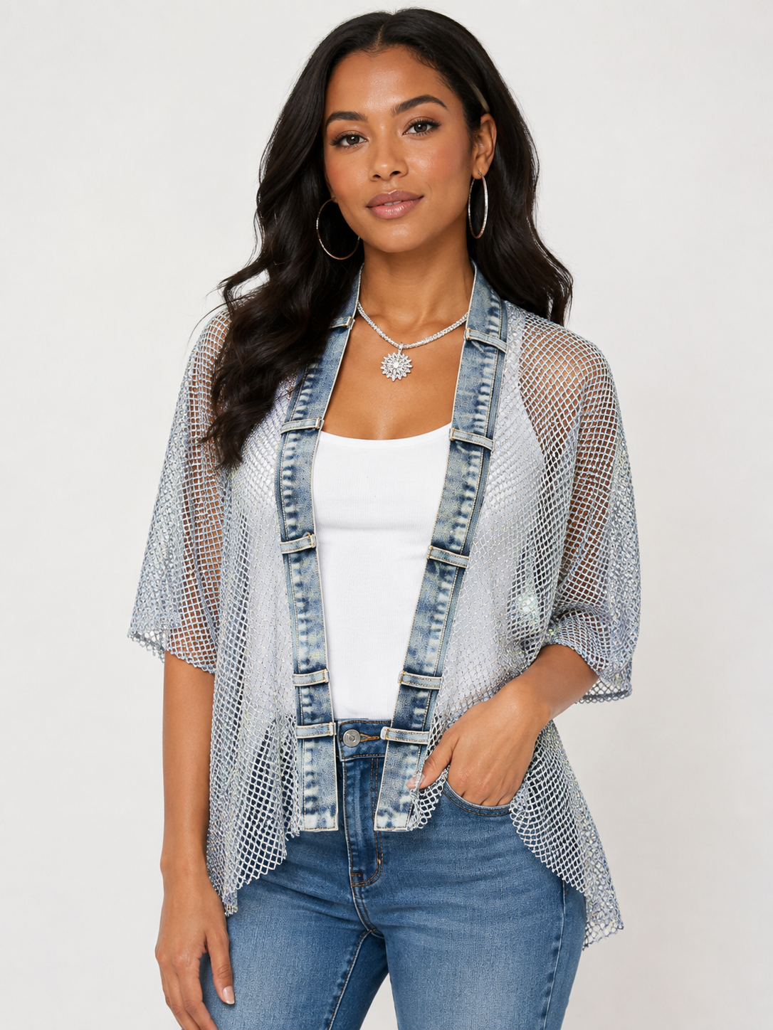 Denim & Crystal Mesh Statement Jacket