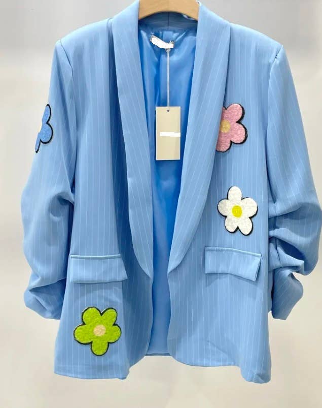 Italian Striped 3D Floral Blazer – Olive, Blue & Purple