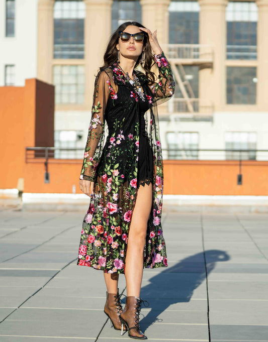 Embroidered Mesh Duster Jacket | Romantic Sheer Floral Layer