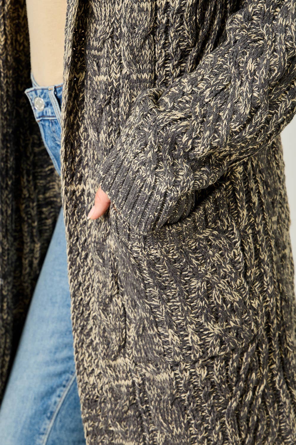 Sweater Open Long Hooded Cardigan D: Melange Charcoal / Small