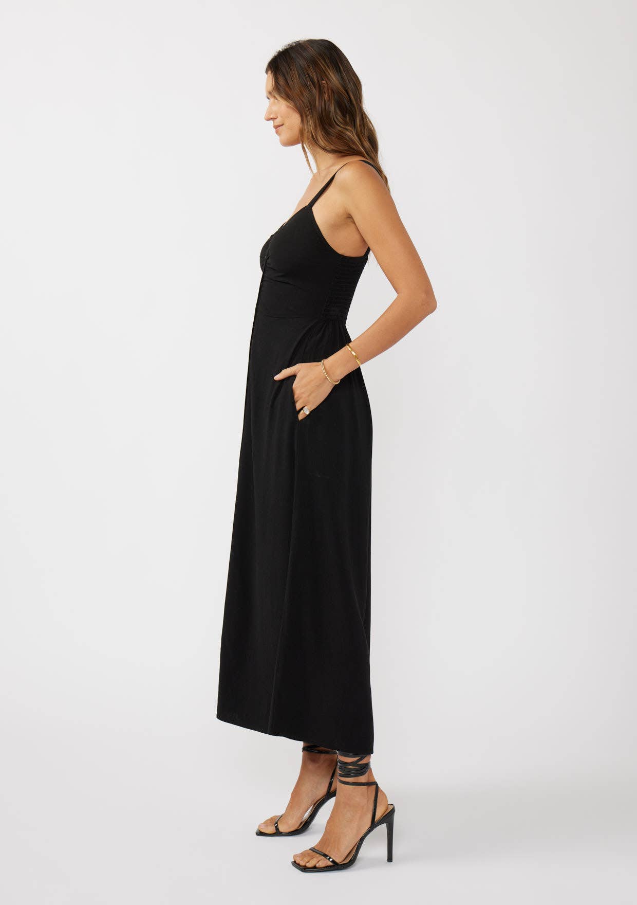 V-Neck Ruched Button Down Maxi Dress: Tomato