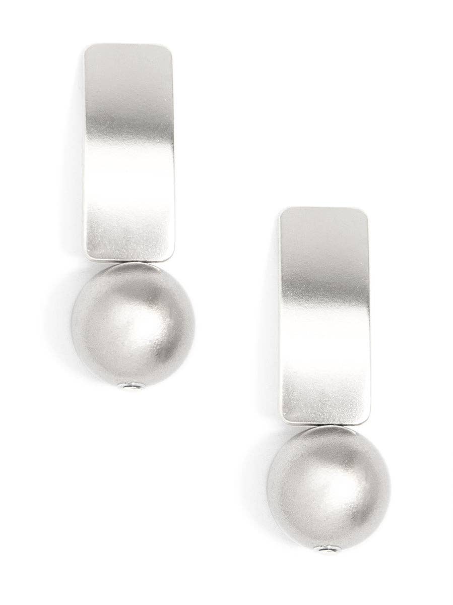 Pair of silver earrings with round pearls on a white background
