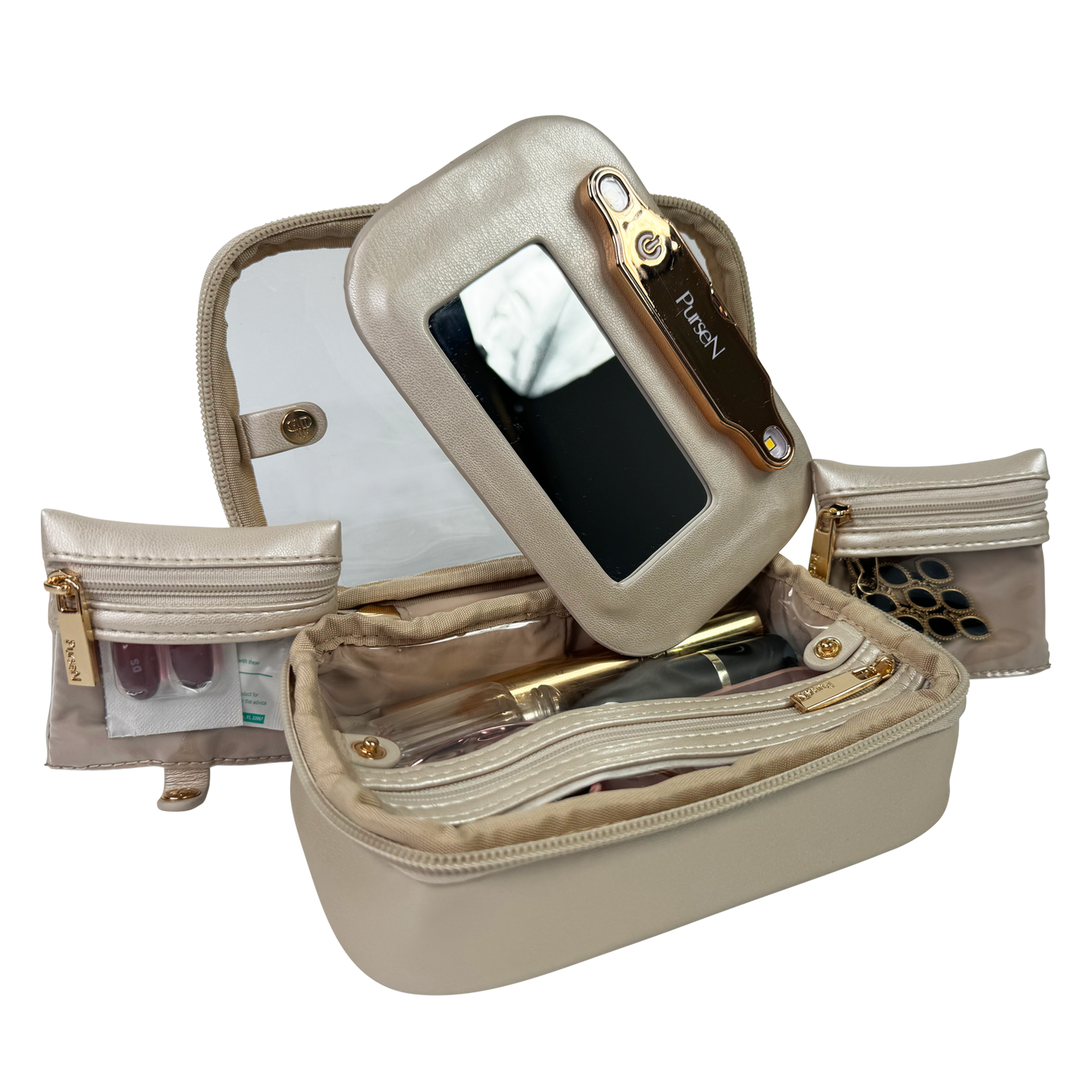 Beige travel makeup case with mirror and compartments on a white background