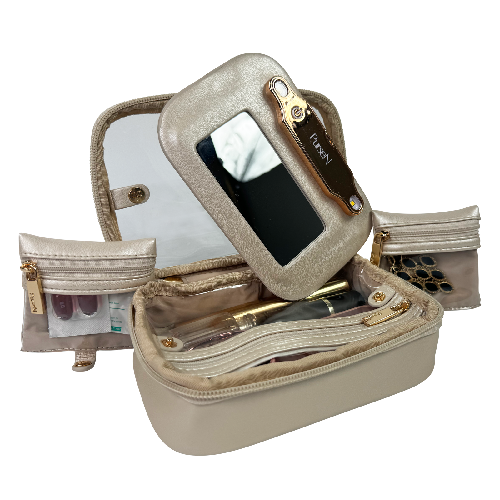 Beige travel makeup case with mirror and compartments on a white background