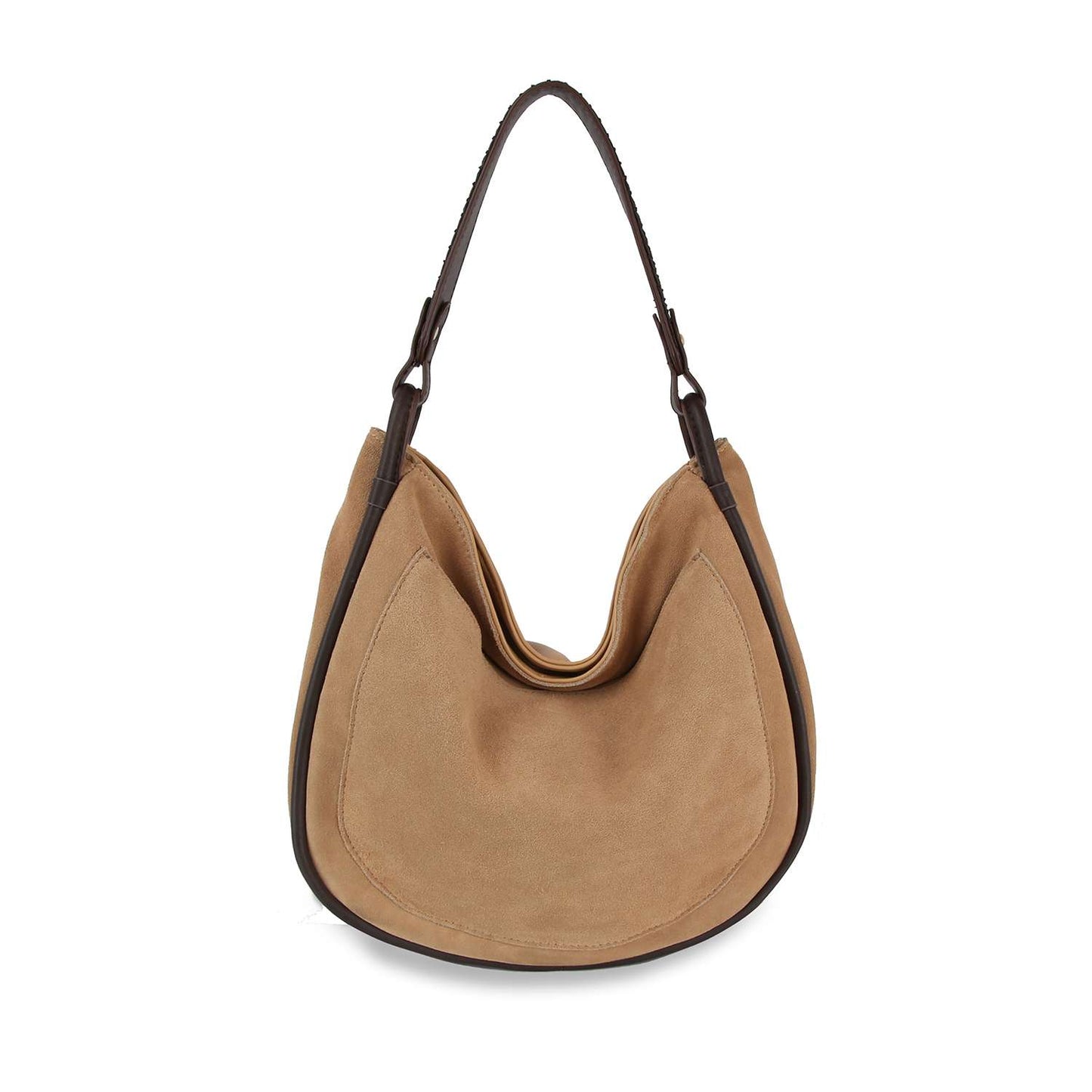 Tan handbag with a black strap on a white background