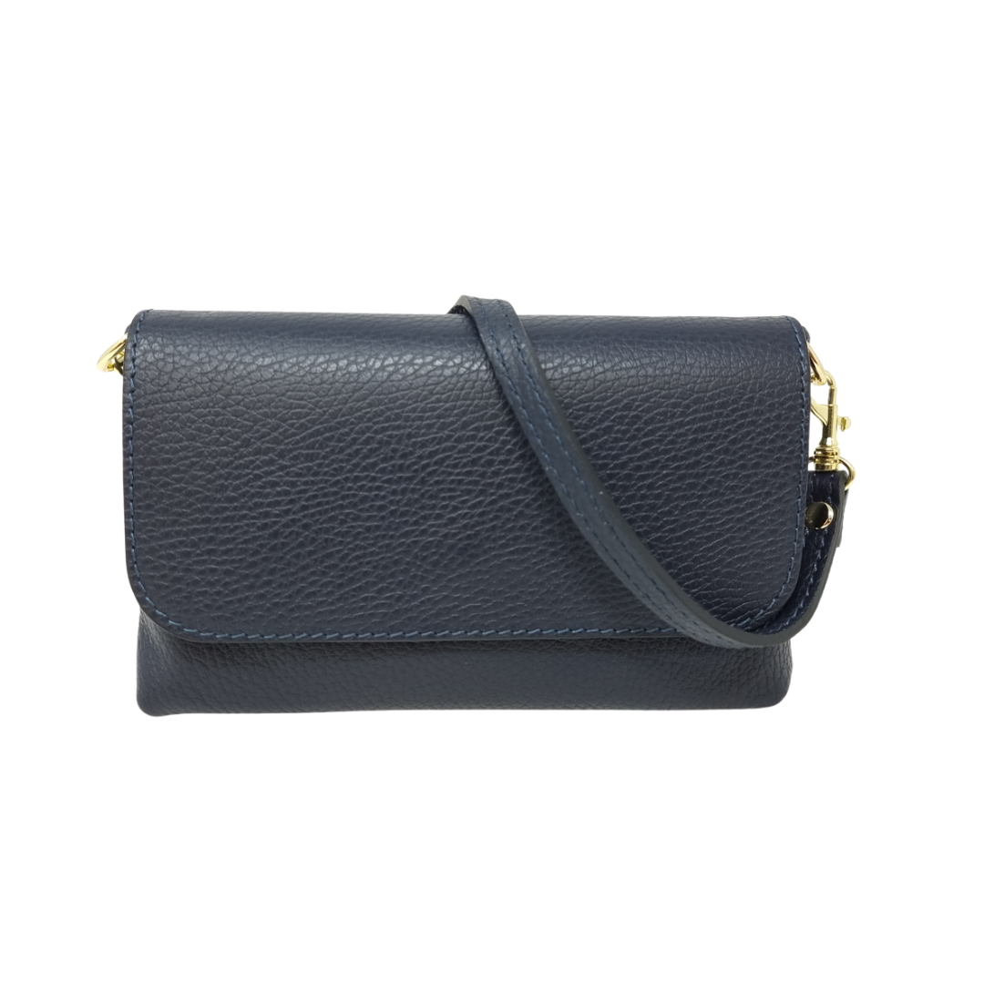 Italian Leather Crossbody Clutch with Chain Strap: Navy Blue