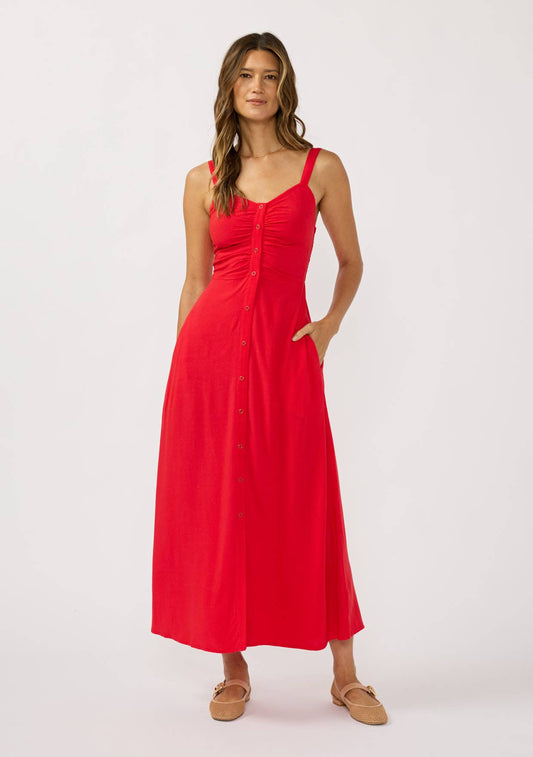 V-Neck Ruched Button Down Maxi Dress: Tomato