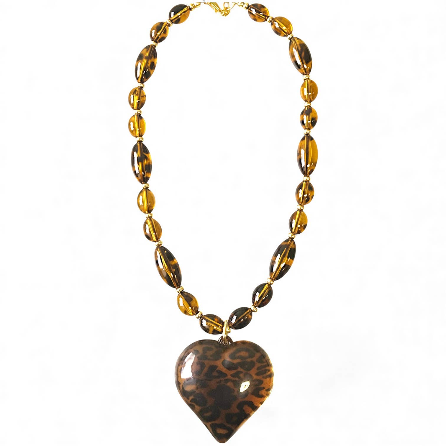 Necklace with leopard print heart pendant on a white background
