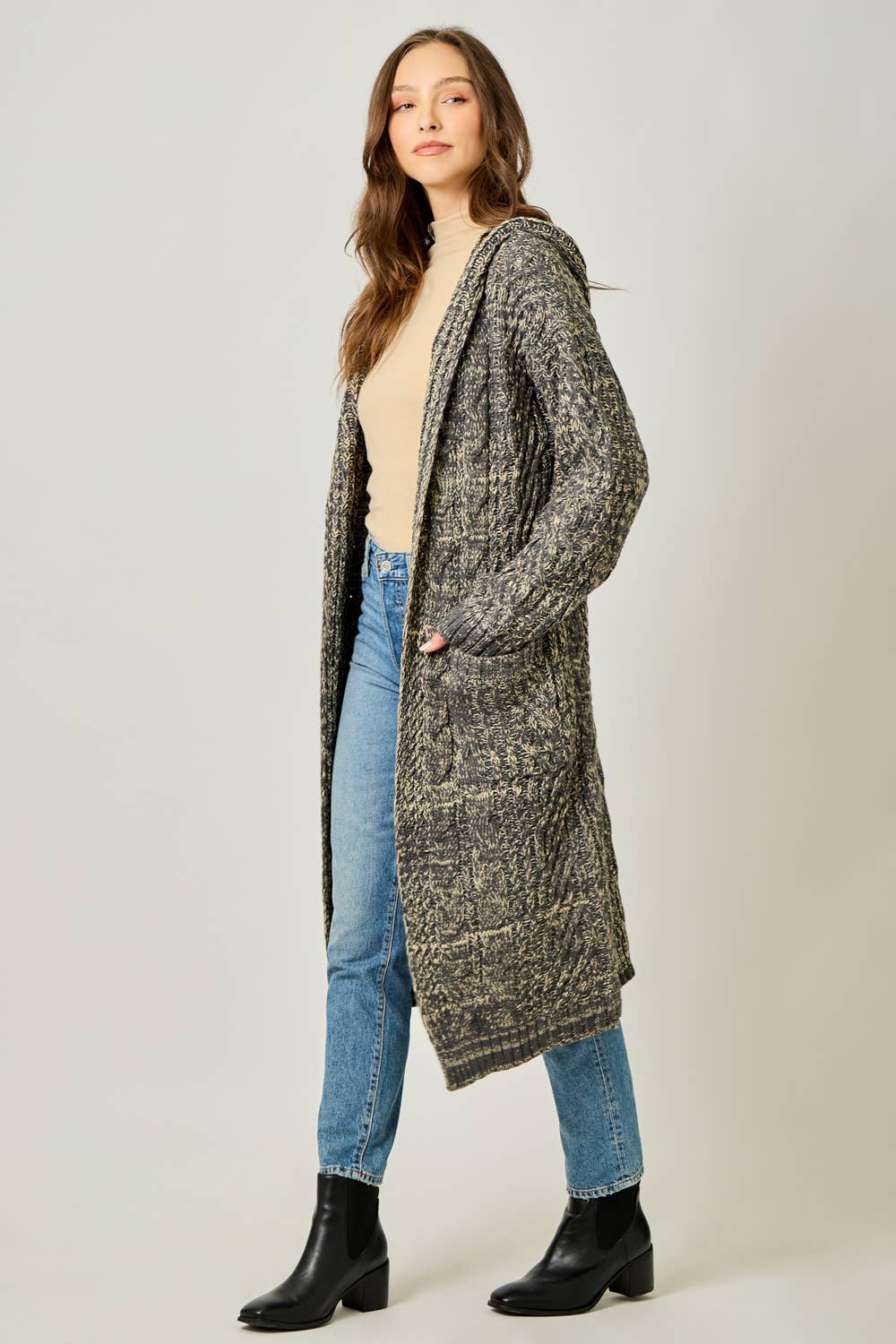 Sweater Open Long Hooded Cardigan D: Melange Charcoal / Small