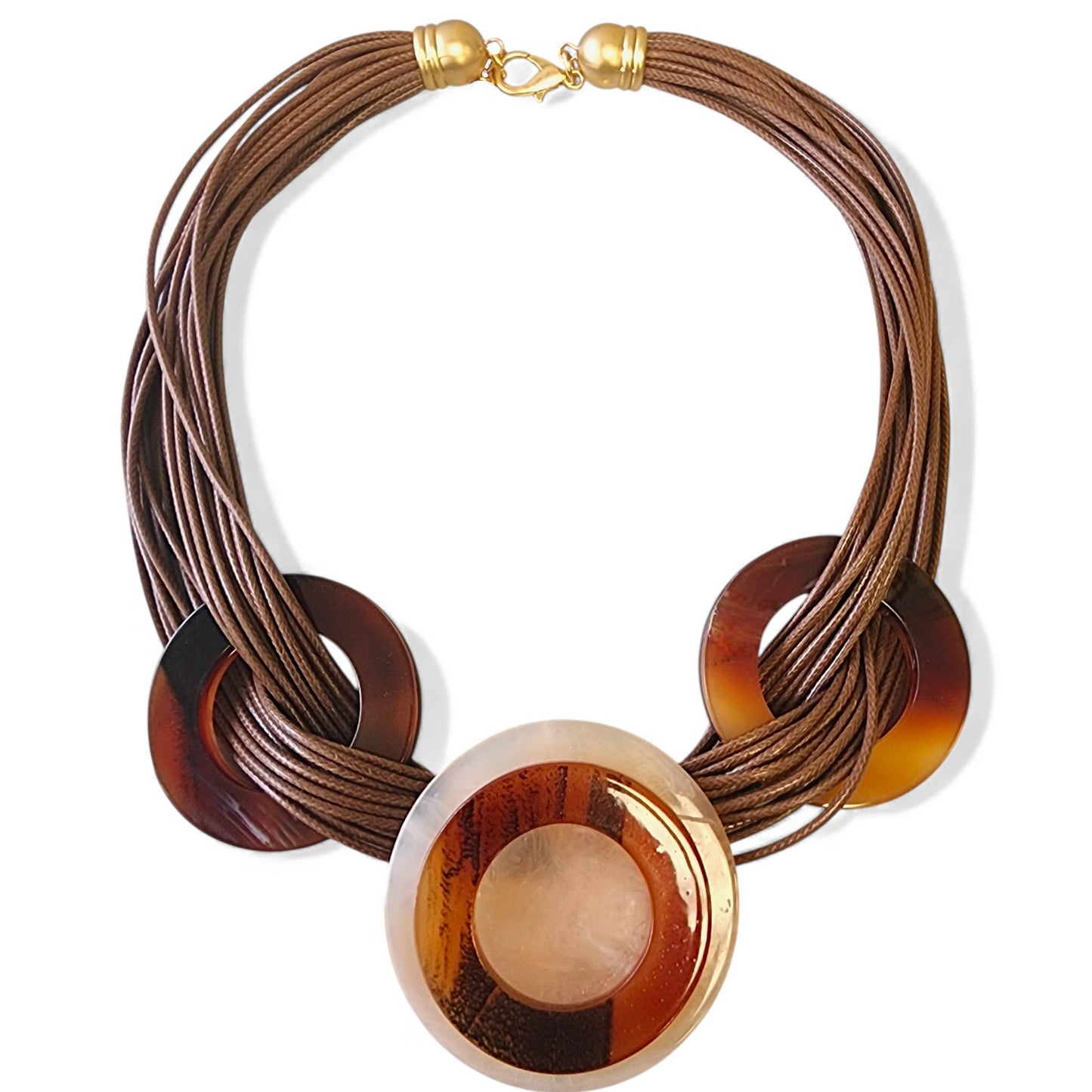 Brown woven necklace with tortoiseshell accents on a white background