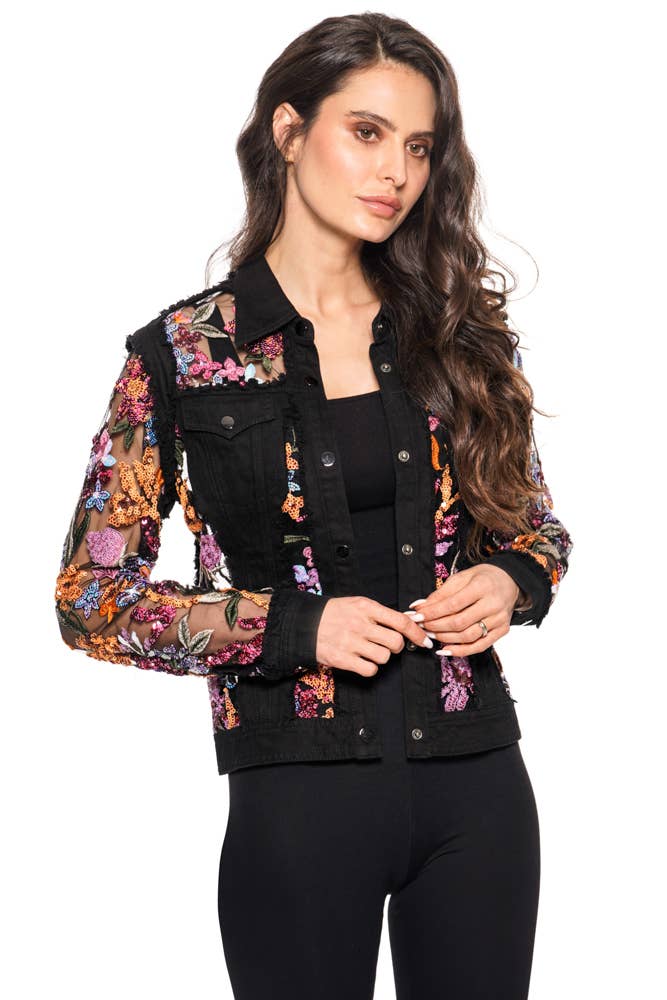 BLACK DENIM JACKET WITH FLORAL SEQUENCE EMBROIDERY