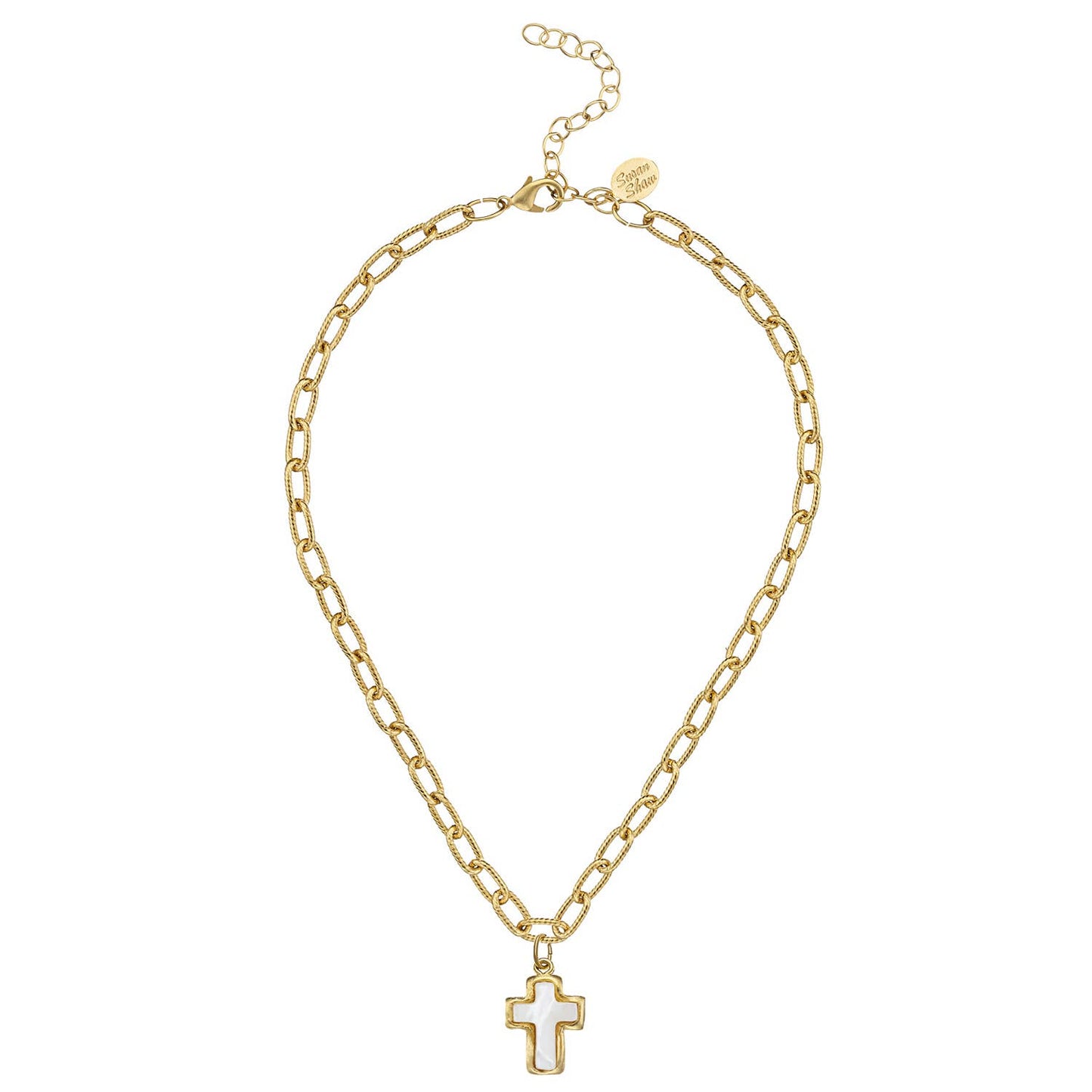 Susan Shaw triple-plated 24K gold cross necklace with textured pendant and artisan link chain, handcrafted in the USA