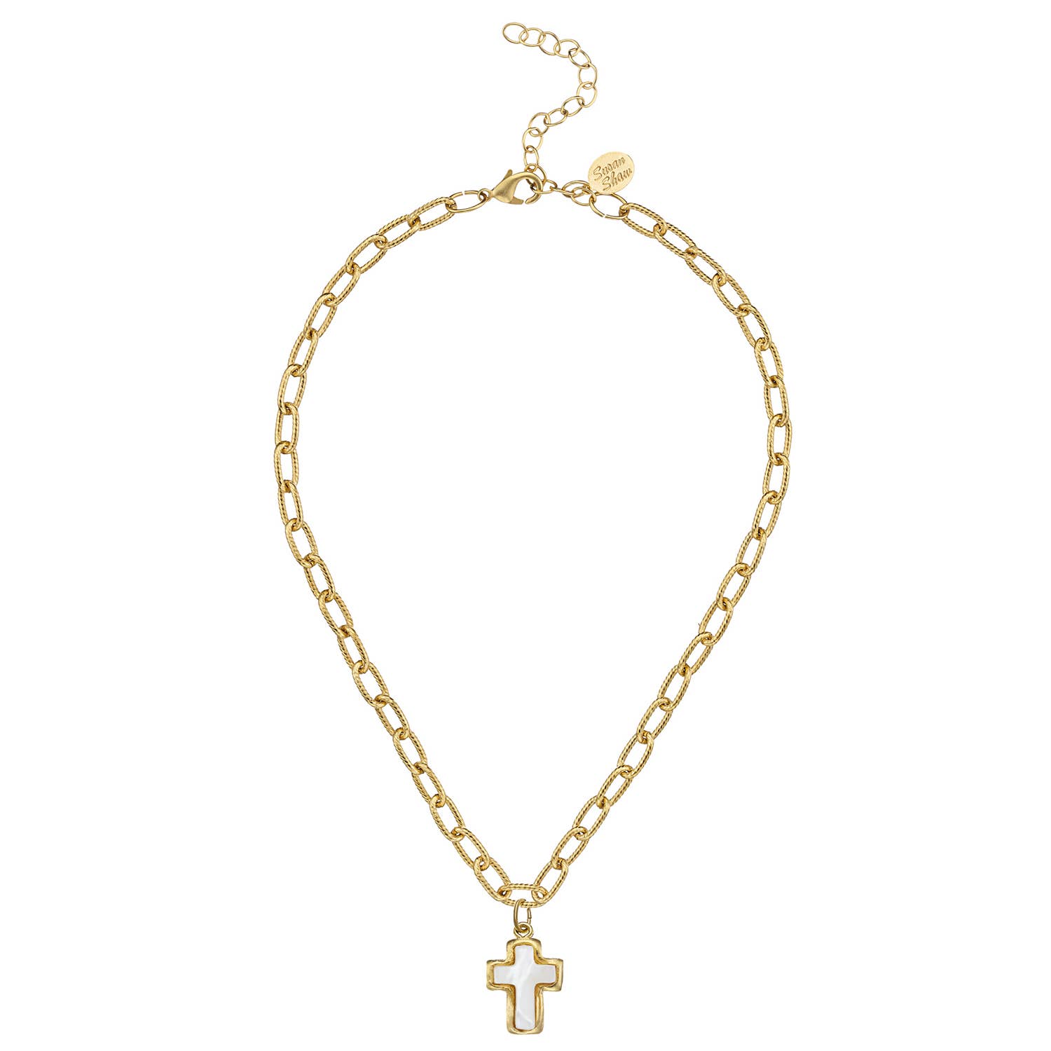 Susan Shaw triple-plated 24K gold cross necklace with textured pendant and artisan link chain, handcrafted in the USA
