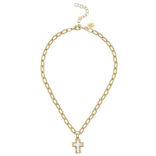 Susan Shaw triple-plated 24K gold cross necklace with textured pendant and artisan link chain, handcrafted in the USA