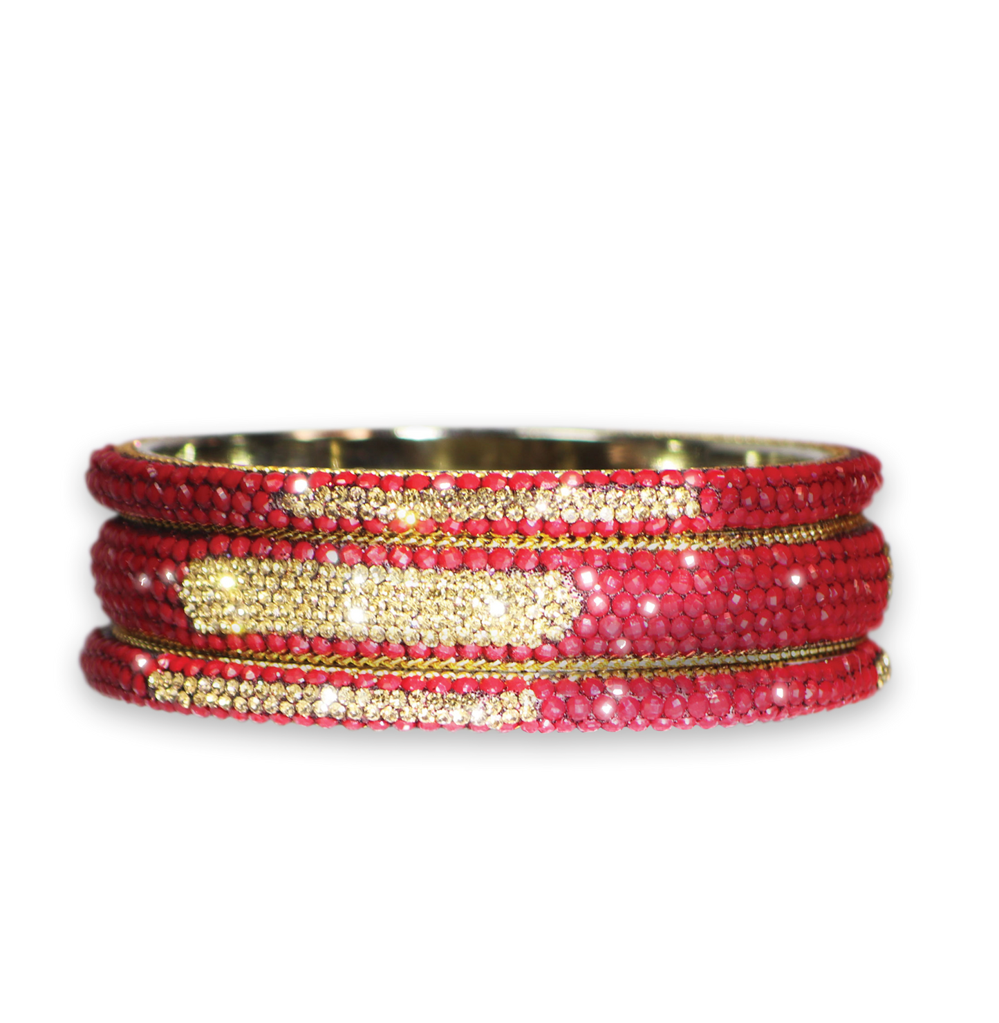 Red and gold beaded bracelet on a white background