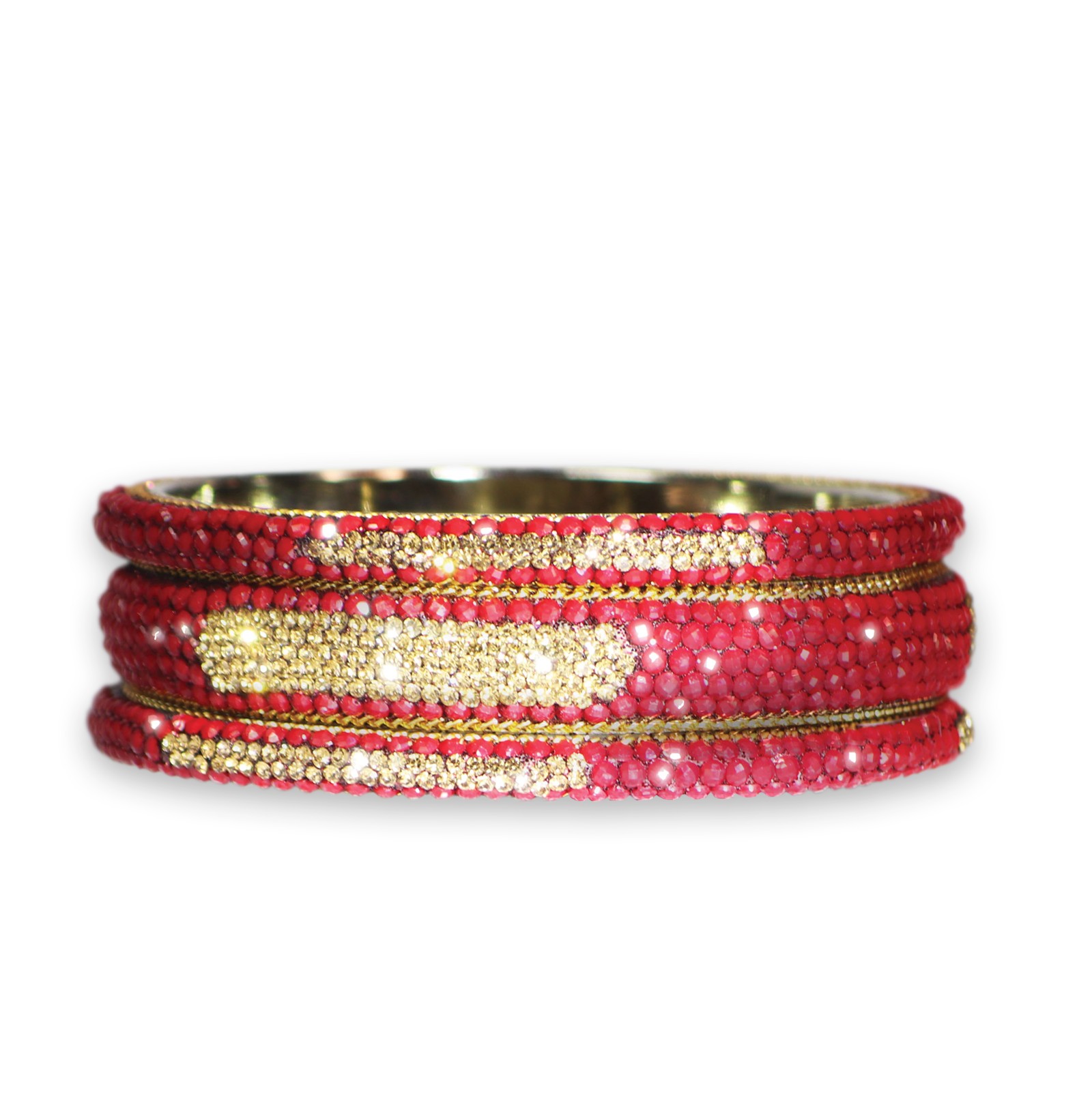 Red and gold beaded bracelet on a white background