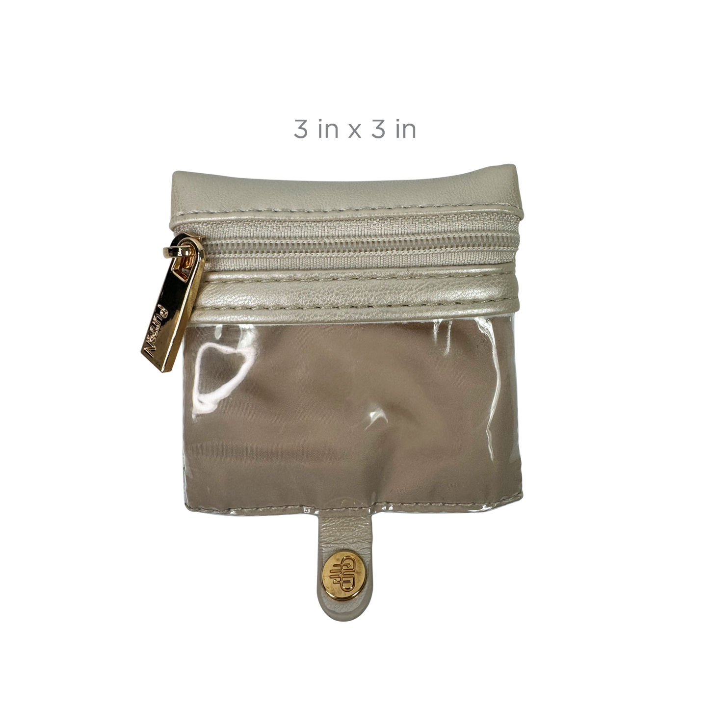 Small transparent pouch with a gold zipper and gold tag on a white background