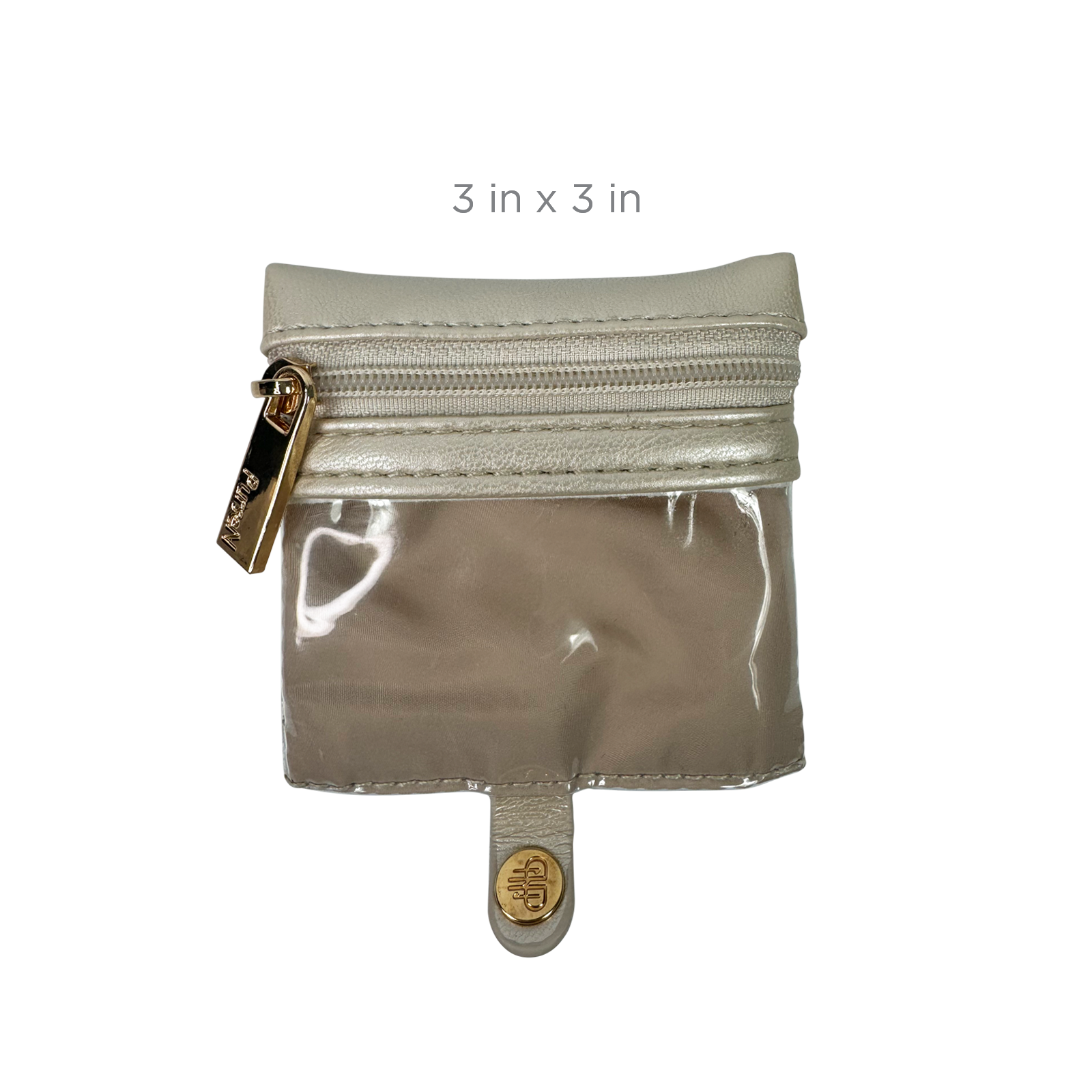 Small transparent pouch with a gold zipper and gold tag on a white background