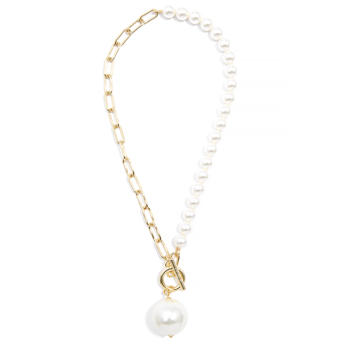 Pearl necklace with a gold clasp on a white background