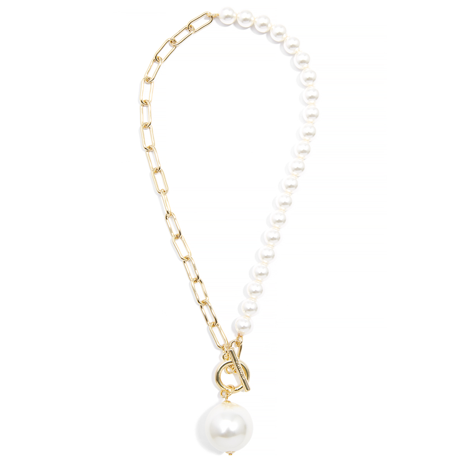 Pearl necklace with a gold clasp on a white background