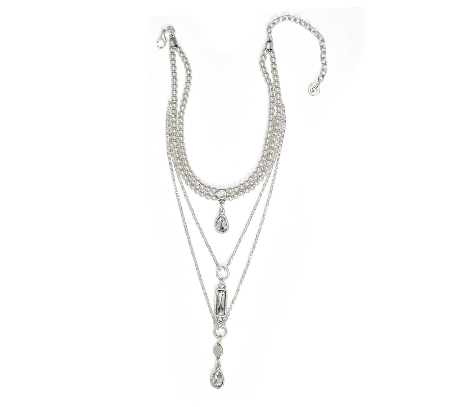 Multi-layered silver necklace with hanging pendants on a white background