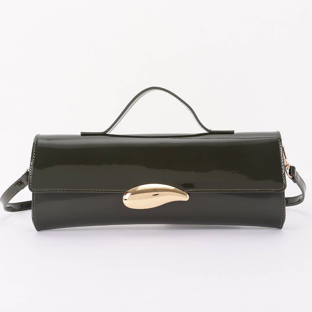 Black patent leather handbag with a gold clasp on a white background