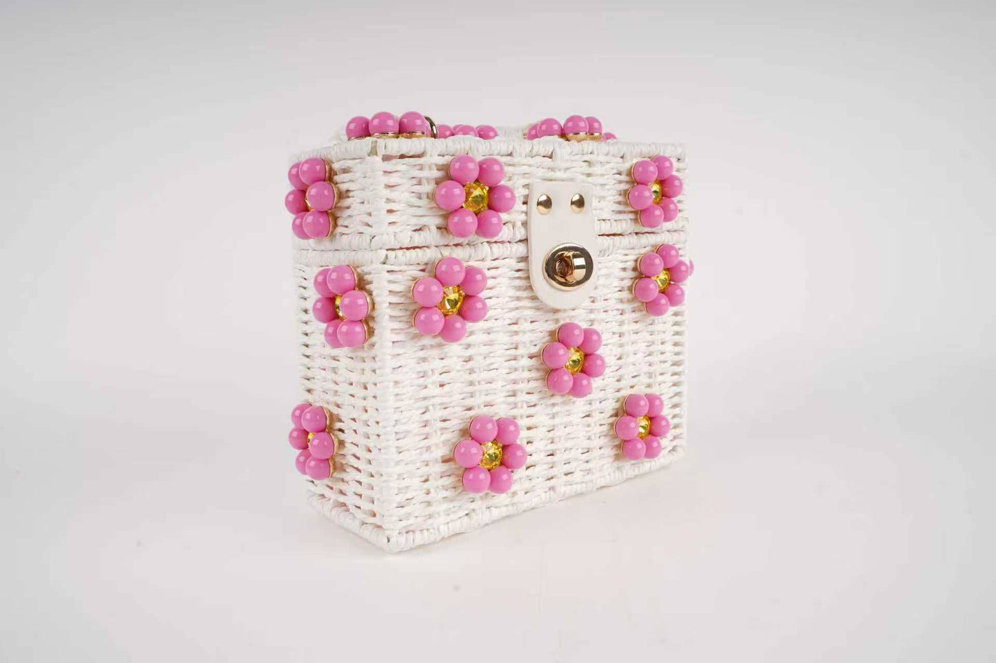 Wicker Bucket Daisy Flower Purse: Pink + White Daisy