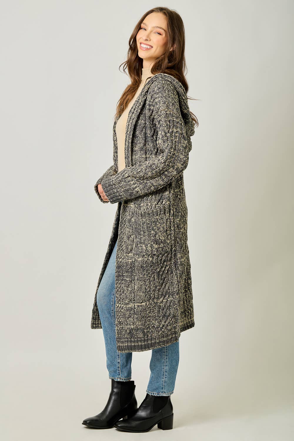 Sweater Open Long Hooded Cardigan D: Melange Charcoal / Small