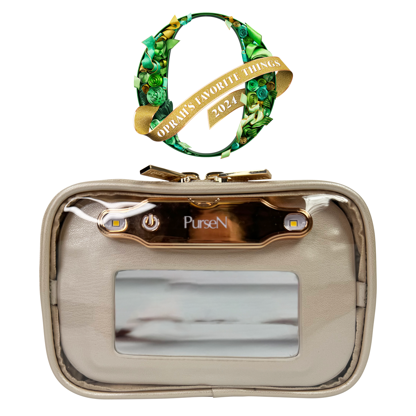 Gold clutch purse with mirror and 'Purse N' branding, featuring a decorative green and gold bracelet above it.
