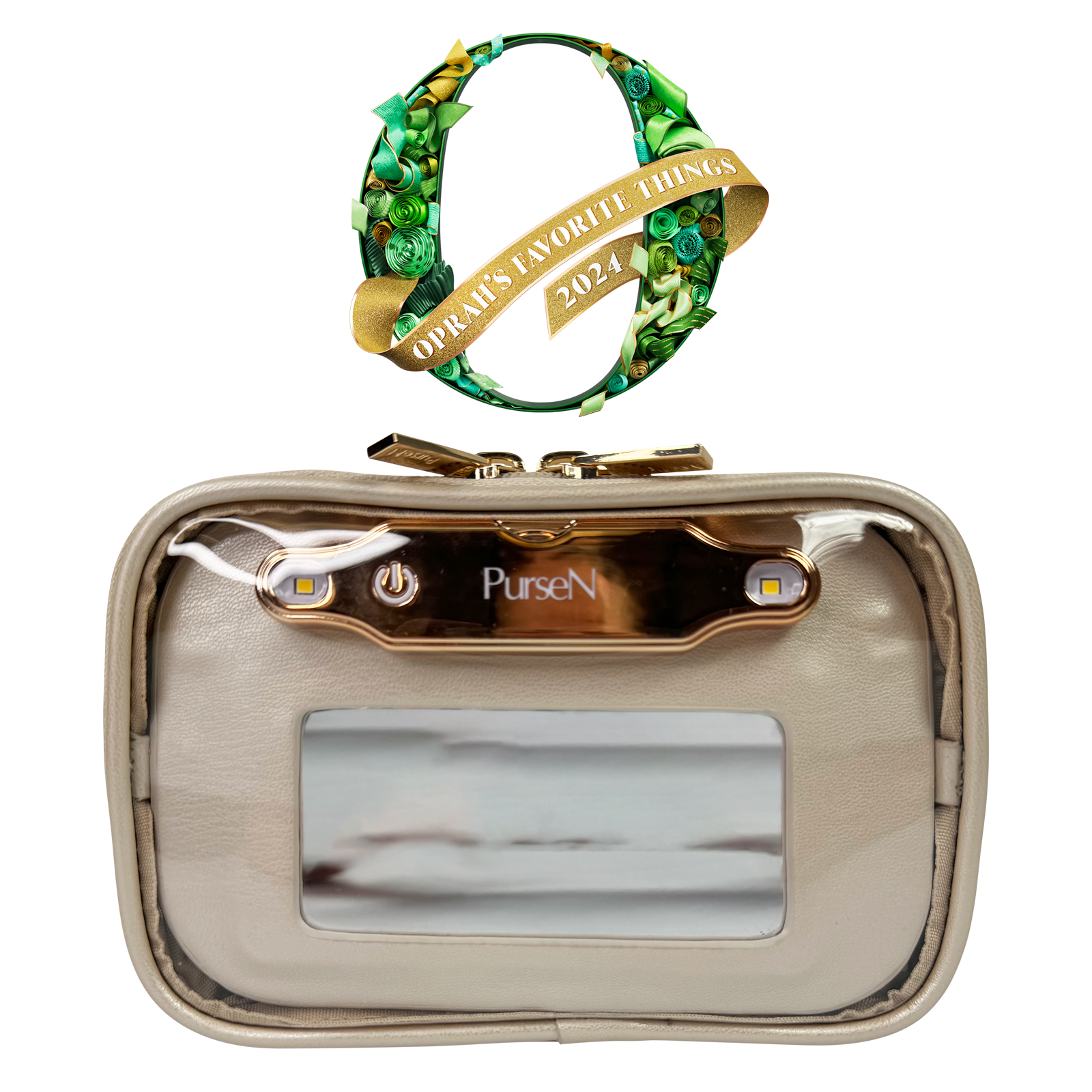 Gold clutch purse with mirror and 'Purse N' branding, featuring a decorative green and gold bracelet above it.