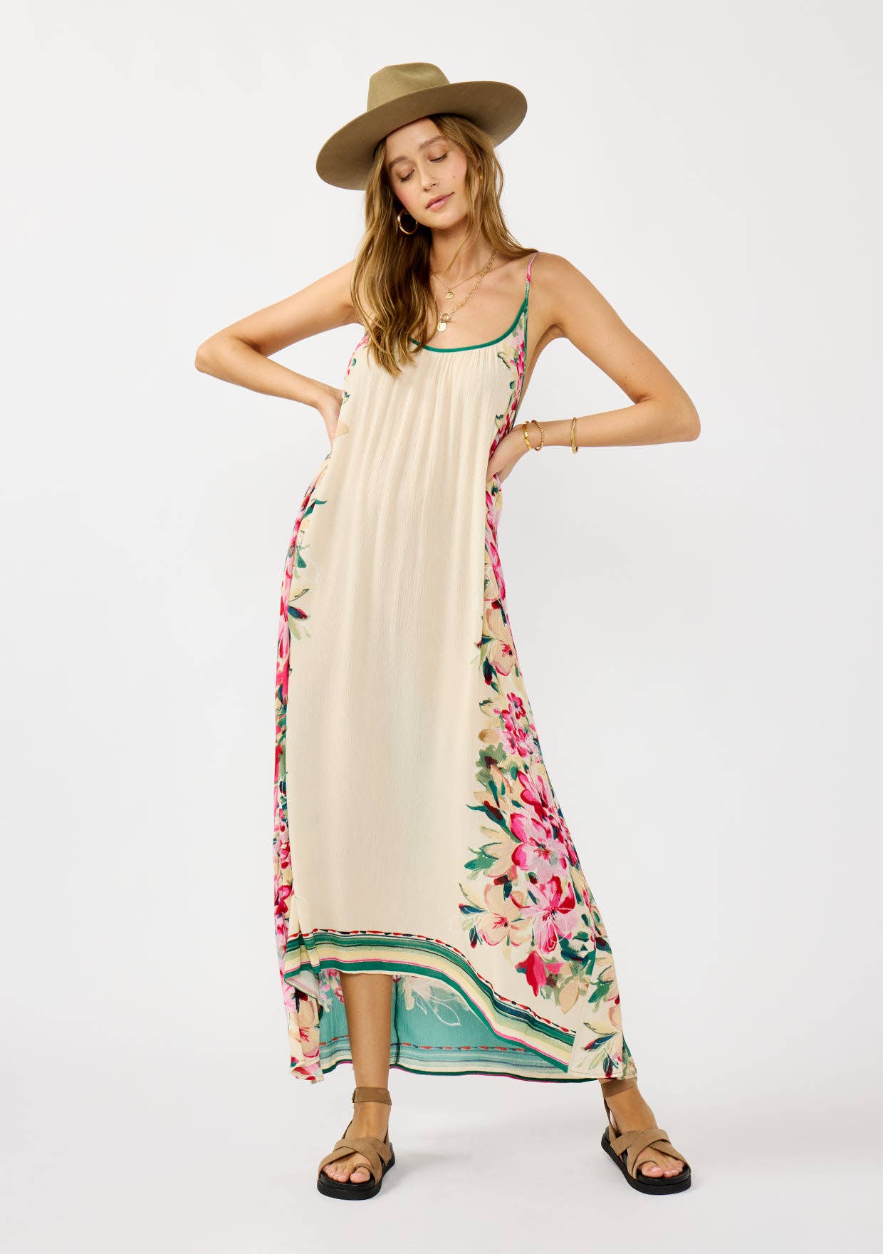 Spaghetti Strap High-Low Cover-Up Maxi Dress: IVORY/GREEN