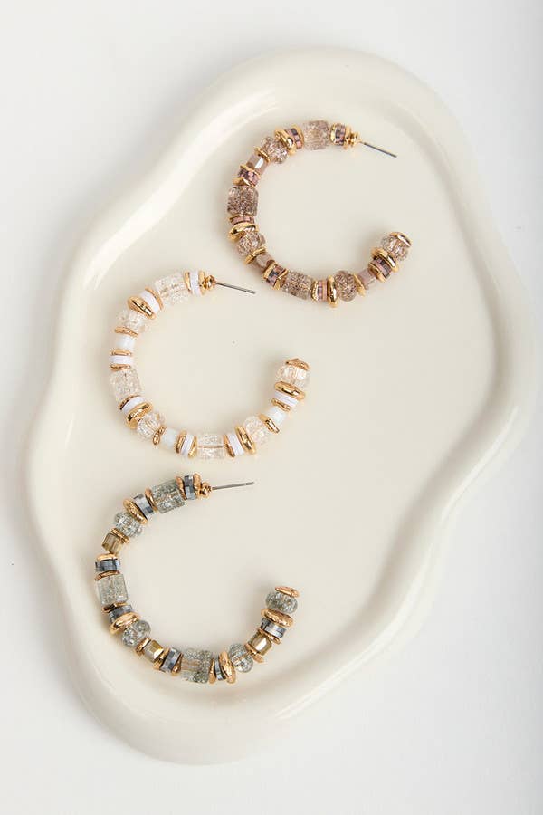 Beaded Crystal Hoop Earring: White