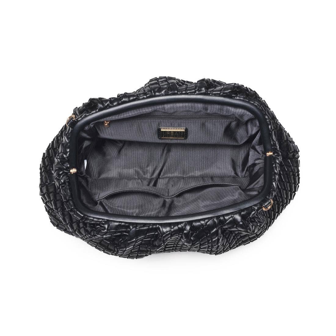 Black textured handbag with a visible brand logo on a white background