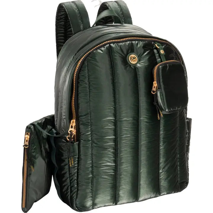 Quilted Metallic Puffer Backpack – Emerald (18")