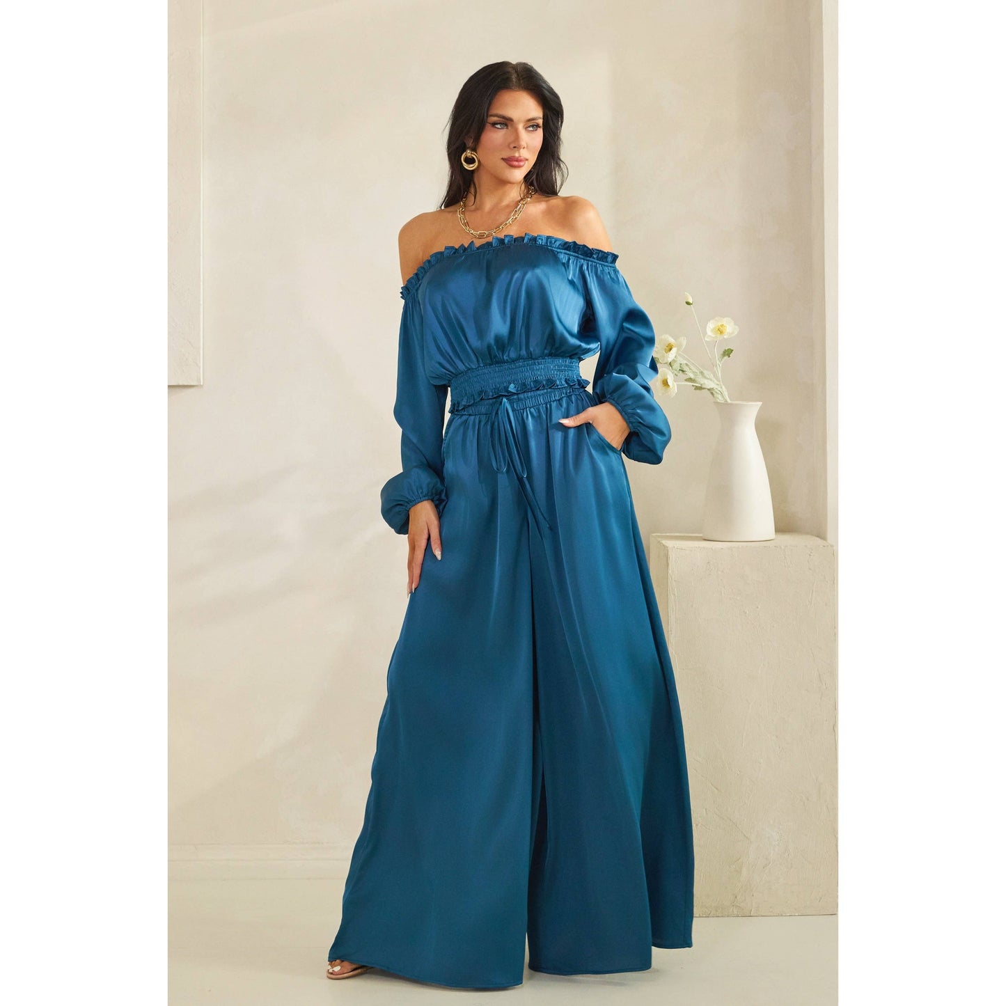 Satin Off-Shoulder Palazzo Pants Set | Women's Two-Piece Outfit | B'Jeweled Jewelry & Accessories