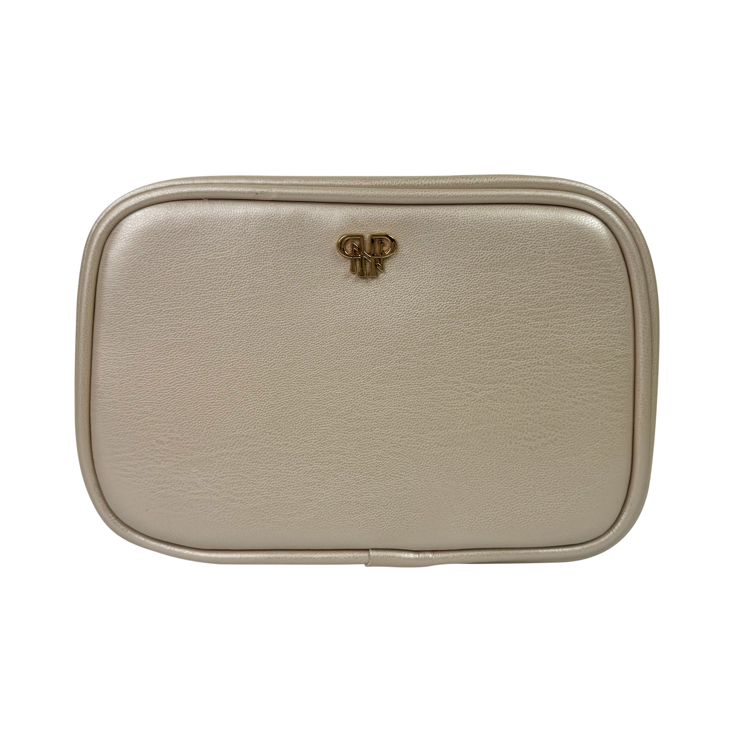 Beige rectangular pouch with a brand logo on a white background