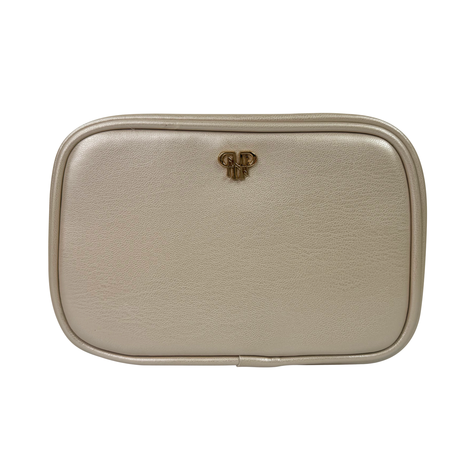 Beige rectangular pouch with a brand logo on a white background