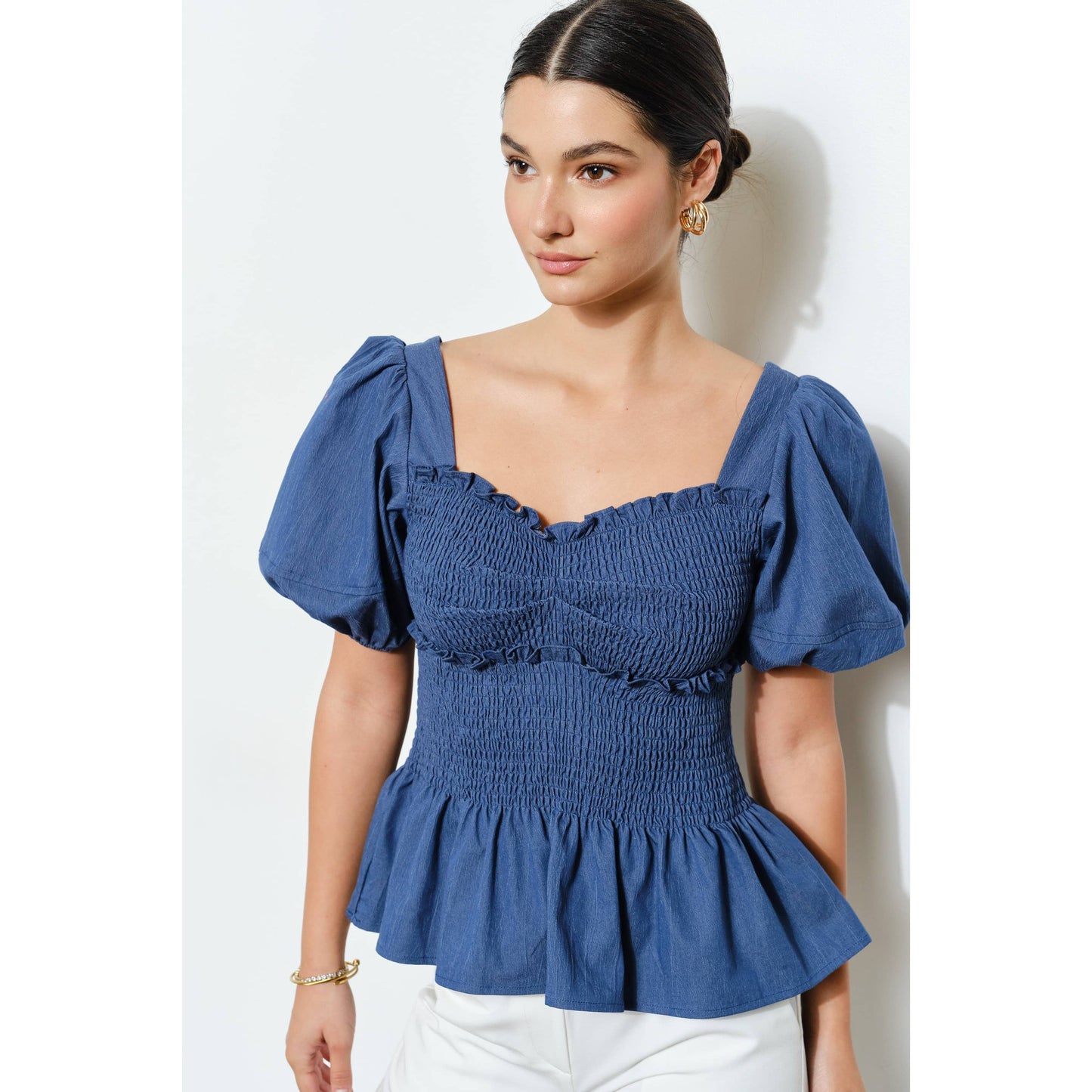 Stretch Denim Sweetheart Bubble Sleeve Top