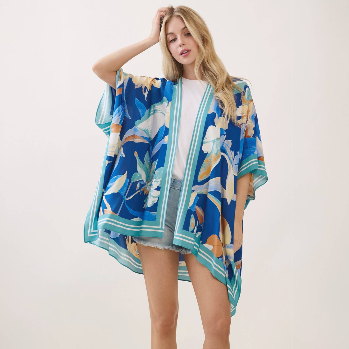 Bohemian Floral Print Kimono Cover Up: Blue