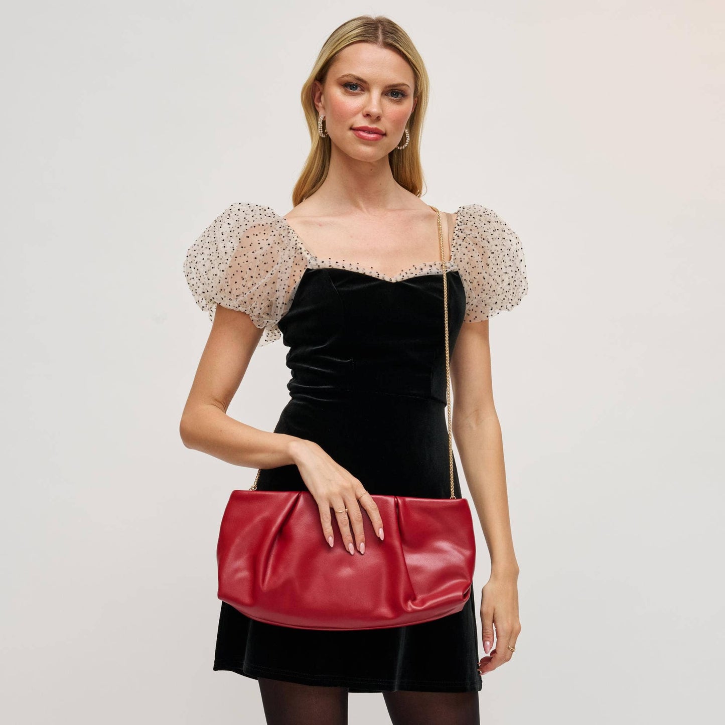 Pleated Vegan Leather Frame Clutch: Red