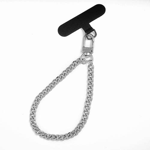 Metal chain leash with a black handle on a white background