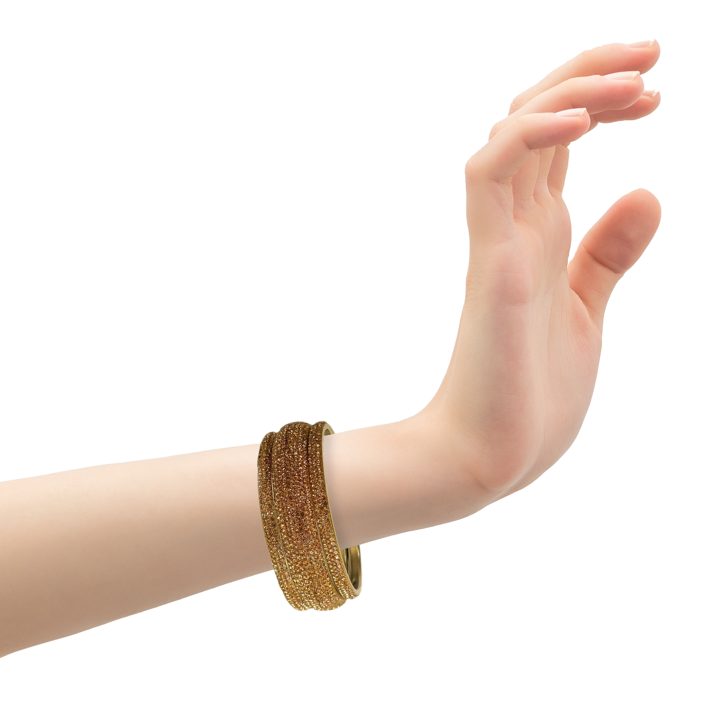 Gold bracelet on a wrist against a white background