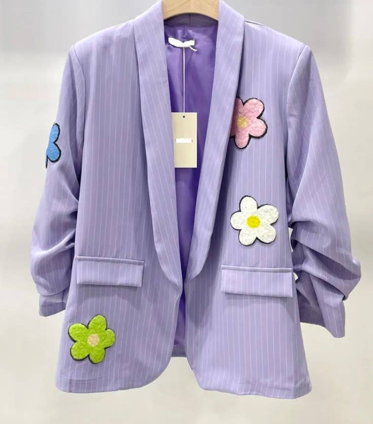Italian Striped 3D Floral Blazer – Olive, Blue & Purple
